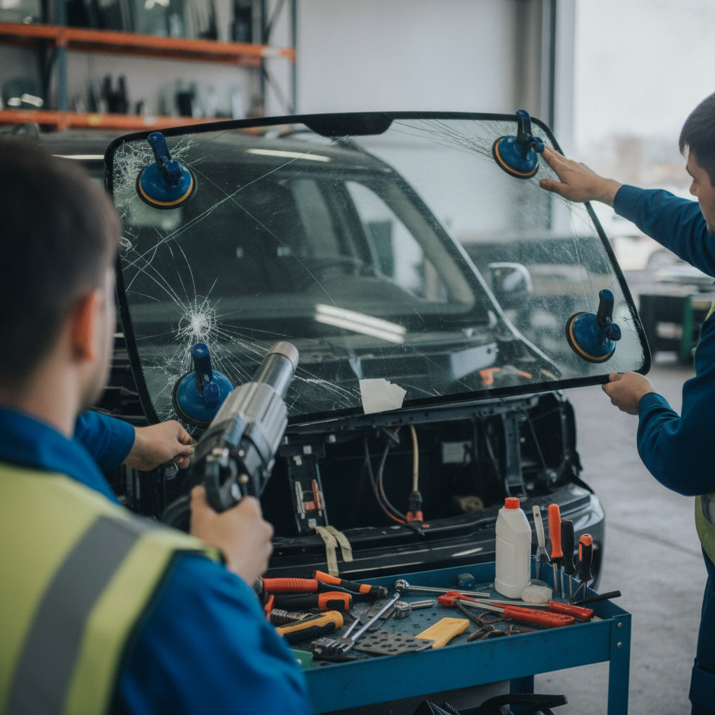 Create a realistic, professional service-business photograph showing Auto Glass Repair from behind, with the backs of their heads visible. Do not show any faces, facial features, front-facing views or side views, profiles, or identifiable p