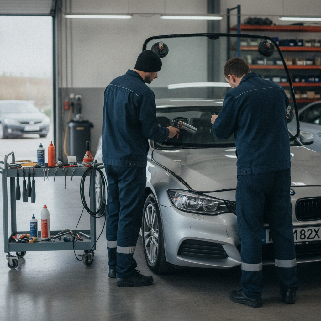 Create a realistic, professional service-business photograph showing Auto Glass Installation from behind, with the backs of their heads visible. Do not show any faces, facial features, front-facing views or side views, profiles, or identifi